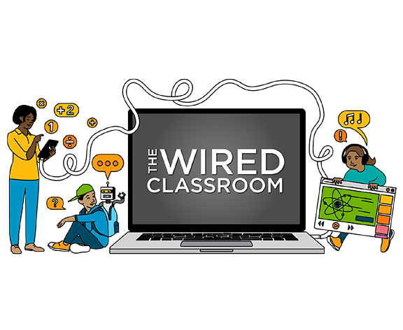 Illustration of 'The Wired Classroom' featuring a laptop connected by cables to diverse students engaged in interactive learning activities, including using tablets, robots, and digital media.